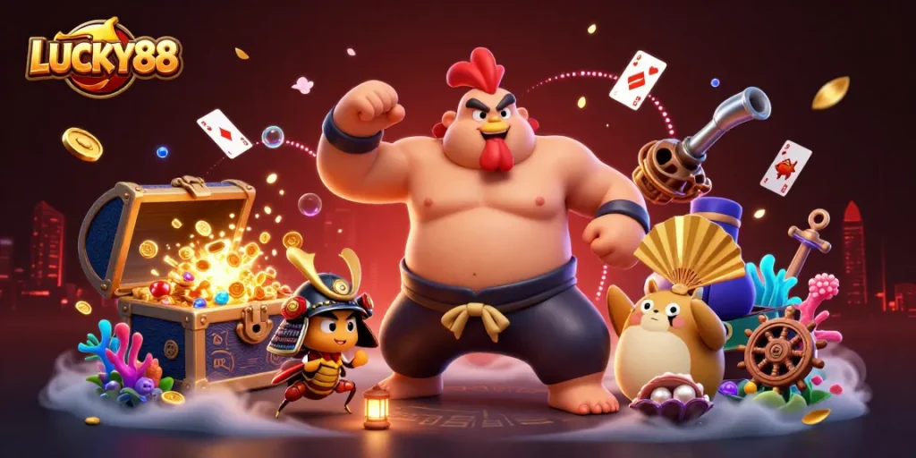 LUCKY88 immersive casino scene with a powerful rooster and samurai cricket amidst treasure and games.