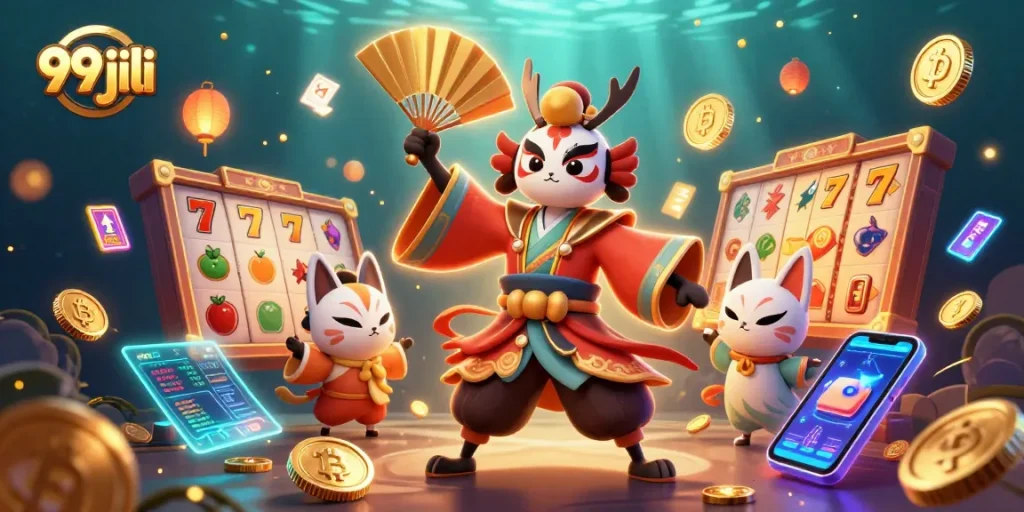 Experience exciting slots action with 99 jili's dynamic 3D casino illustration featuring vibrant characters.