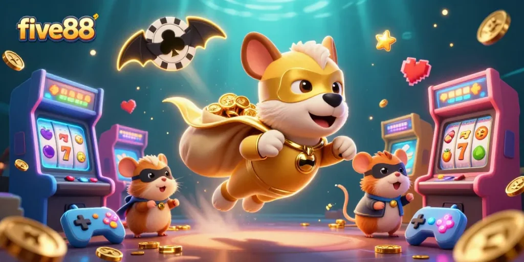 five88 casino adventure with a superhero dog flying, showcasing rich gaming elements and vibrant visuals