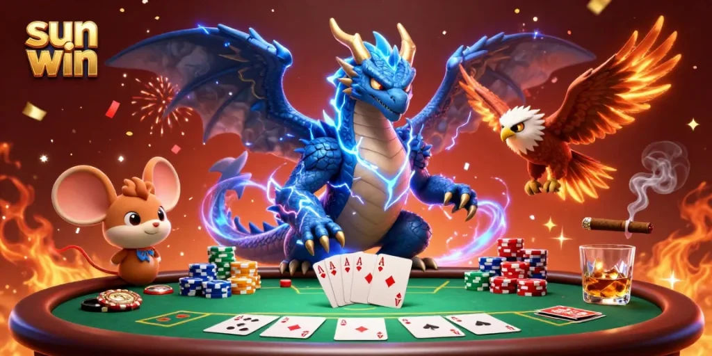 Experience the thrill of sun win at an electrifying poker table with dynamic characters and vibrant casino elements.