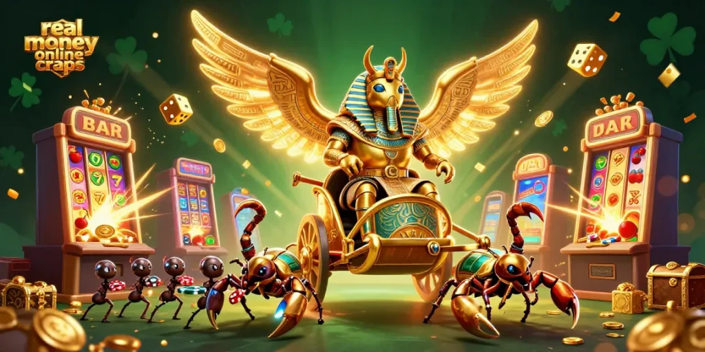 Engage with real money online craps in a vibrant casino scene featuring a golden scarab beetle and jackpot explosions.