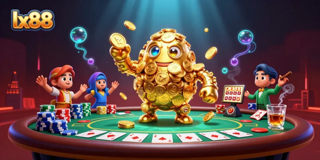 Spin and win at lx88 with the captivating golden golem and poker elements in action