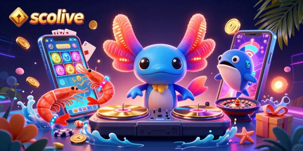 Socolive showcases vibrant 3D axolotl DJ spinning records, engaging gamblers in an electrifying gaming atmosphere.