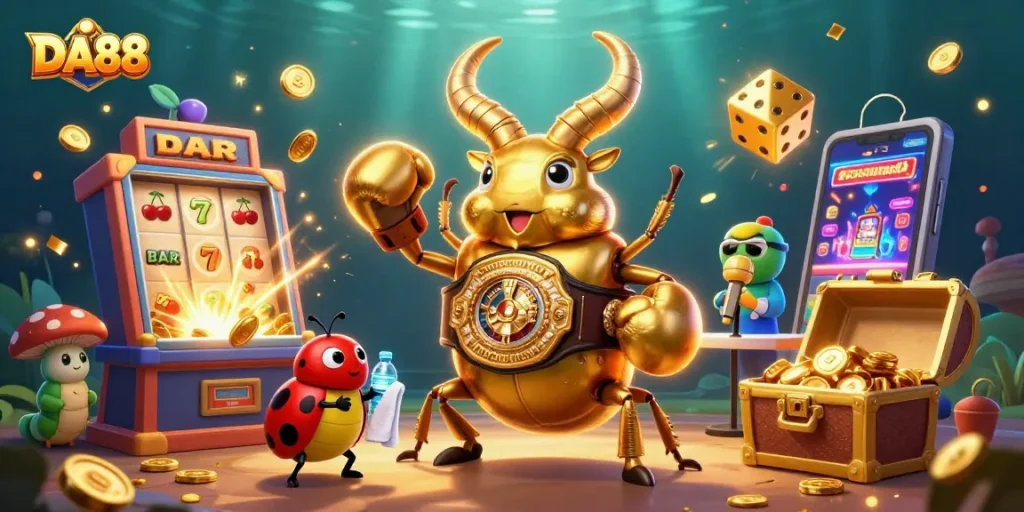 Experience thrilling action with DA88 as a golden stag beetle battles on a vibrant casino stage.