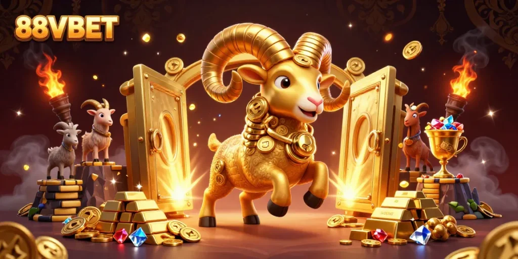 Engage with 88VBET's thrilling world, featuring a golden ram charging towards fortune with dynamic treasure elements.