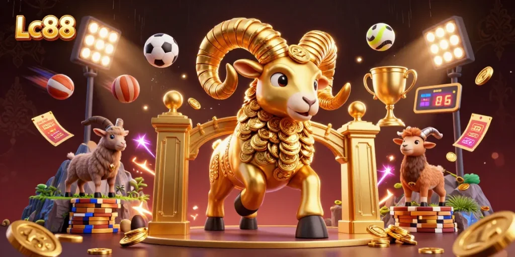 Experience the thrill of Lc88 with dynamic characters and gold-filled gaming elements in an engaging illustration.