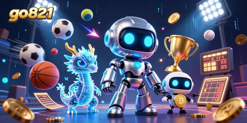 Engaging scene of go821 featuring a cyberpunk robot, AI dragon, and drone with dynamic sports betting elements.