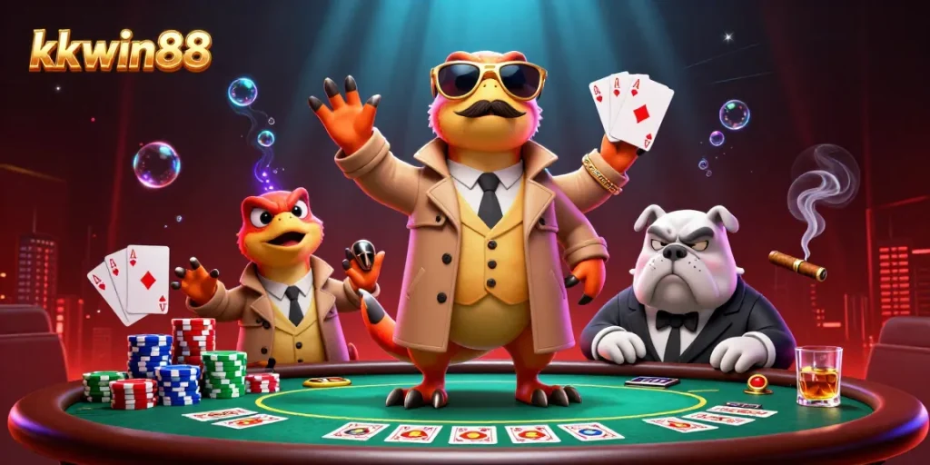Engage in thrilling poker experiences at kkwin88, with raptors and a bulldog bouncer in a casino scene.