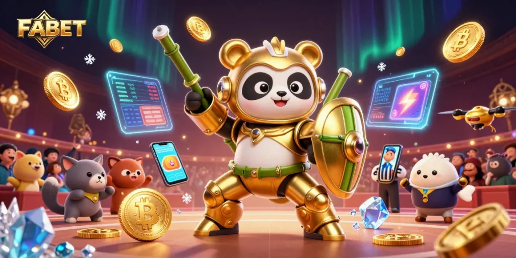 Engage with FABET at this vibrant 3D casino arena filled with animated crypto elements.