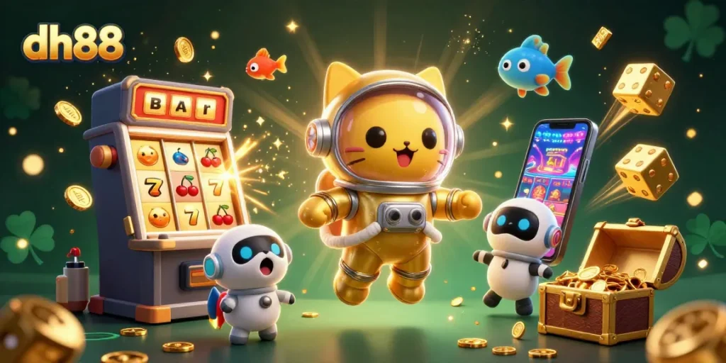 Spin to win at dh88, featuring a playful astronaut cat and a dynamic robot dog in a vibrant casino universe.